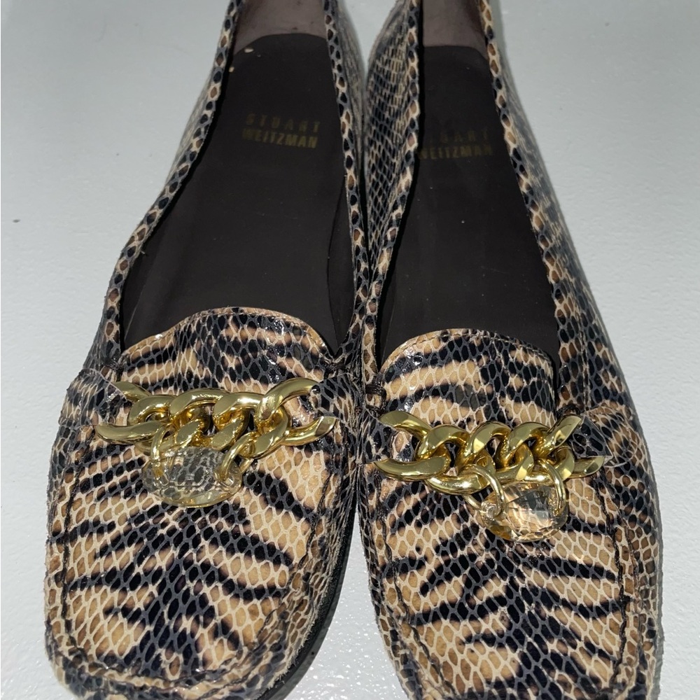 Stuart Weitzman Hitch Tan Tiger Snake embellished loafers Sz 5 1/2